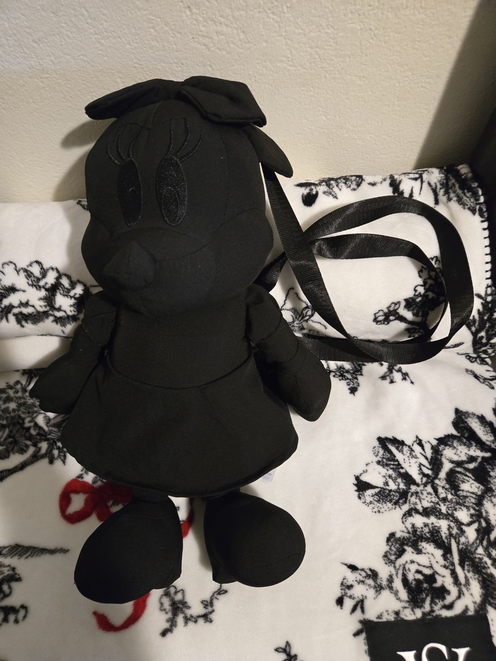 Disney Minnie Black Plush Character Sling Bag with Red Bow Accent